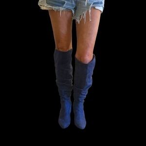 Navy blue slouchy knee high faux suede boots pointed toe like new 8